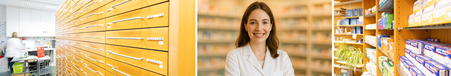 Bild zeigt eine Bildkomposition einer fiktiven weiblichen Person als Apothekerein und den Innenraum einer Apotheke mit Regalen voller Arzneimittel und einem Medikamentenschrank.