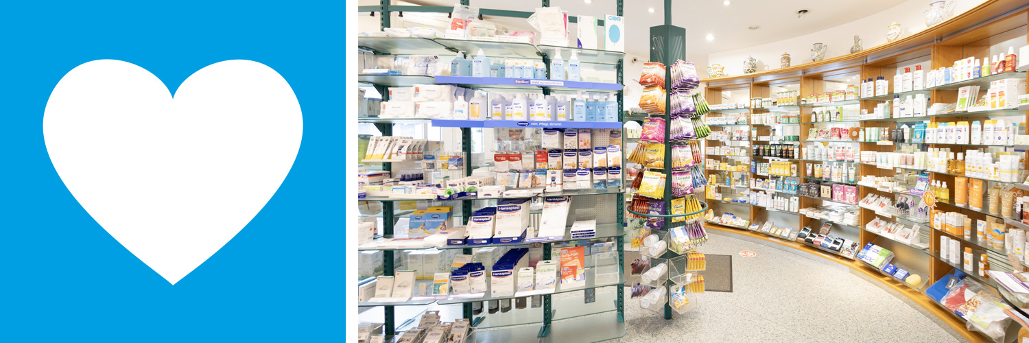 Bild zeigt ein stilisiertes Herz und einen Teil des Apothekenraums mit Produkten.